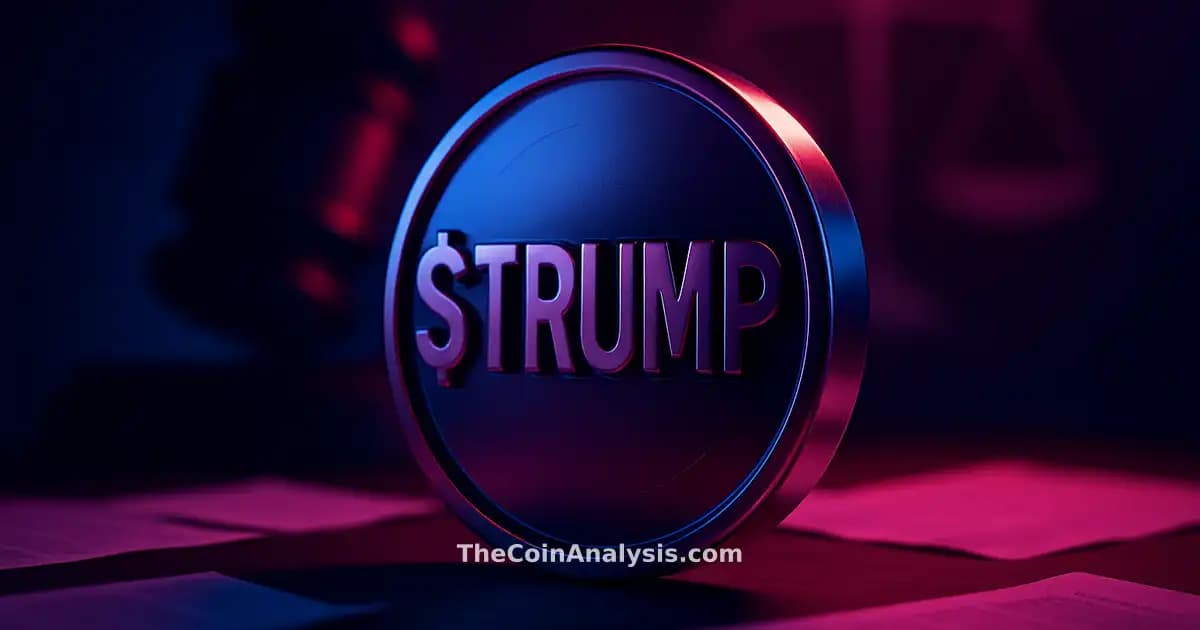 3D glossy TRUMP crypto symbol illuminated by rim light, with abstract gavel, scales of justice, and scattered documents