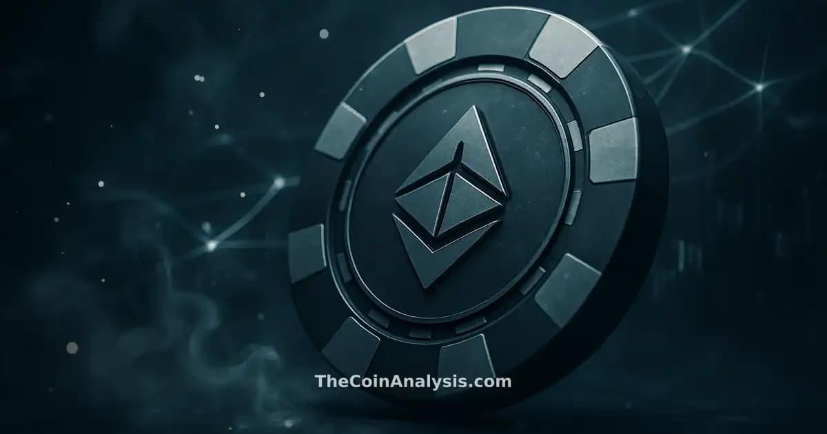 Jetons de casino stylisés intégrant un glyph crypto, fumée et filaments lumineux dans une ambiance sombre.