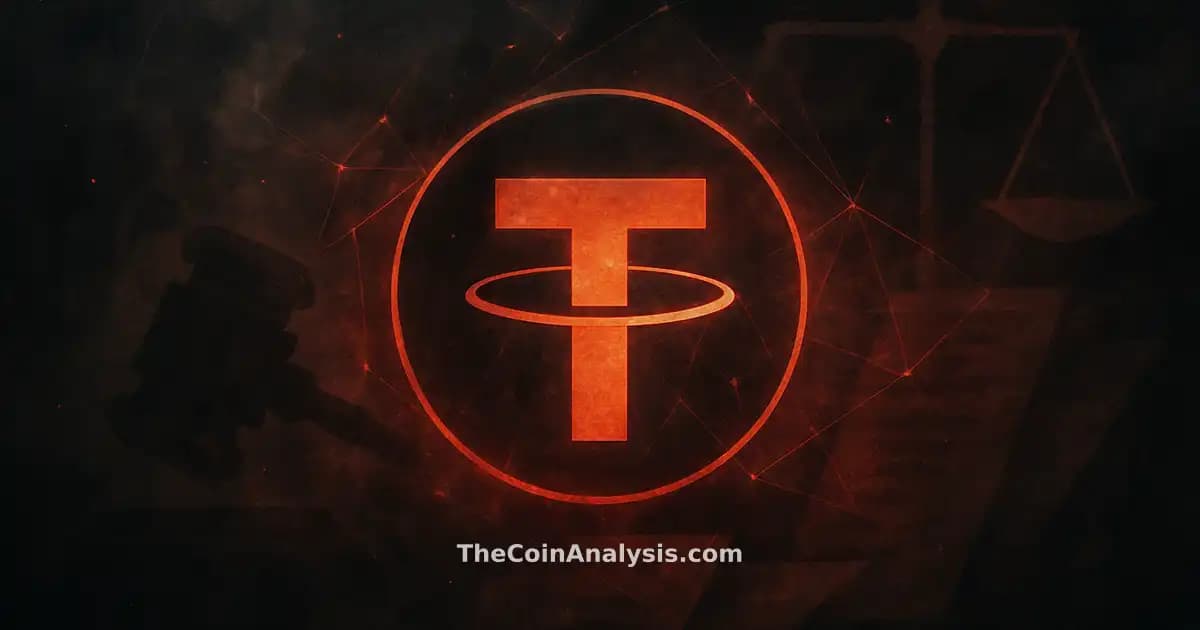 Stylized Tether symbol with abstract gavel, scales of justice, and fragmented documents in smoky crimson background