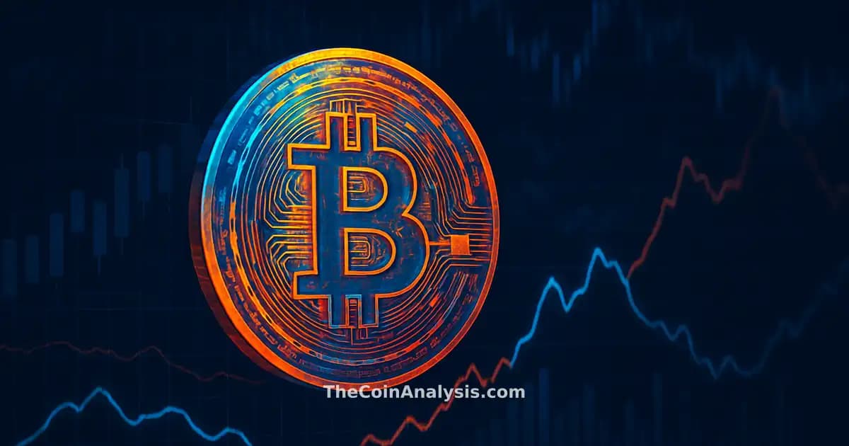 Bitcoin doré sur fond sombre avec graphiques numériques et lignes de marché en fluctuation dynamique.