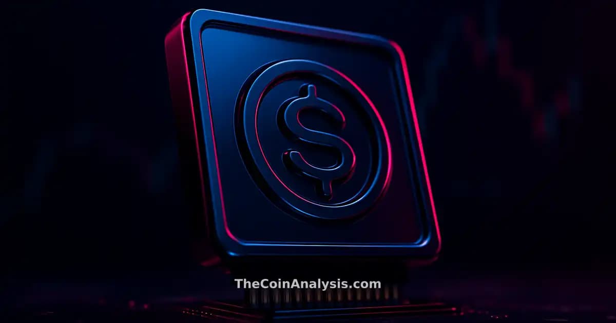 Puces GPU 3D brillantes avec symbole stylisé de stablecoin, fond de chandeliers boursiers flous en bleu nuit.