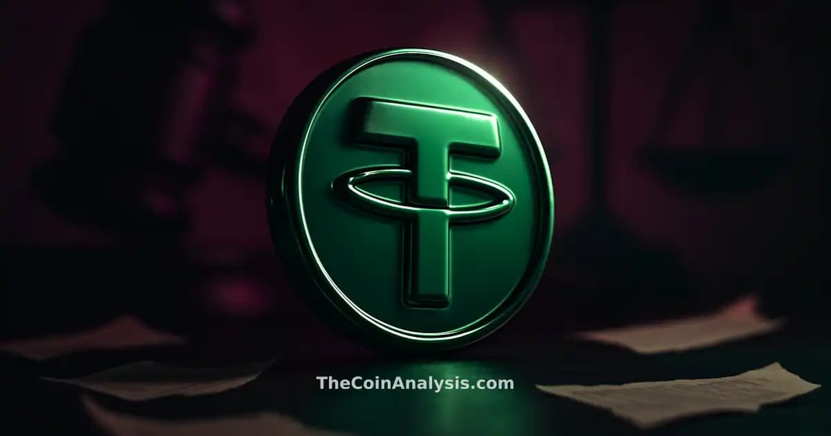 Symbole 3D brillant du stablecoin Tether en premier plan, balance de justice et marteau en arrière-plan flou.