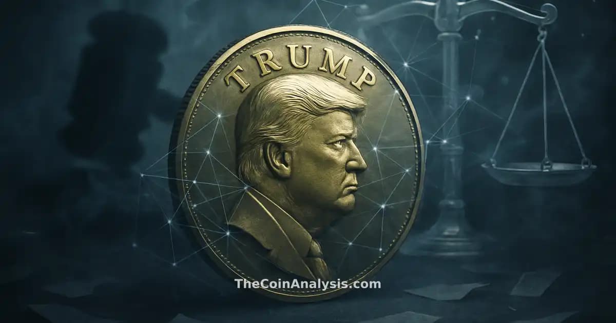 Pièce TRUMP stylisée entourée d’écailles de justice translucides, gavel abstrait, fumée et filaments lumineux.