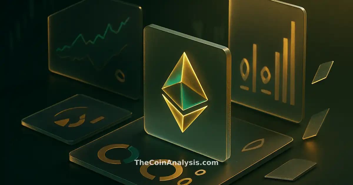 Illustration isométrique stylisée d’un glyphe Ethereum en verre givré avec des panneaux flottants et des chandeliers boursiers.