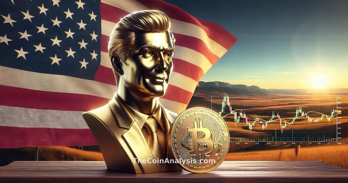 3D bust of Donald Trump beside a shiny golden Bitcoin with US flag, candlestick chart, and Wyoming landscape background