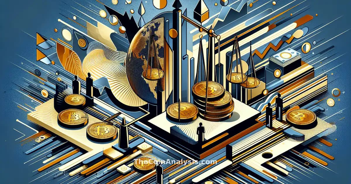 Illustration numérique avec pièces d’or, formes dynamiques et éclairs symbolisant volatilité crypto et tensions politiques