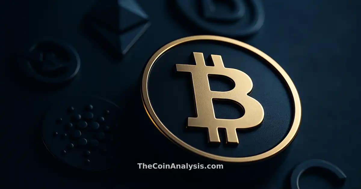 Pièce Bitcoin stylisée en 3D avec éclairage doré et fond bleu marine sombre, ambiance cinématographique et nette.