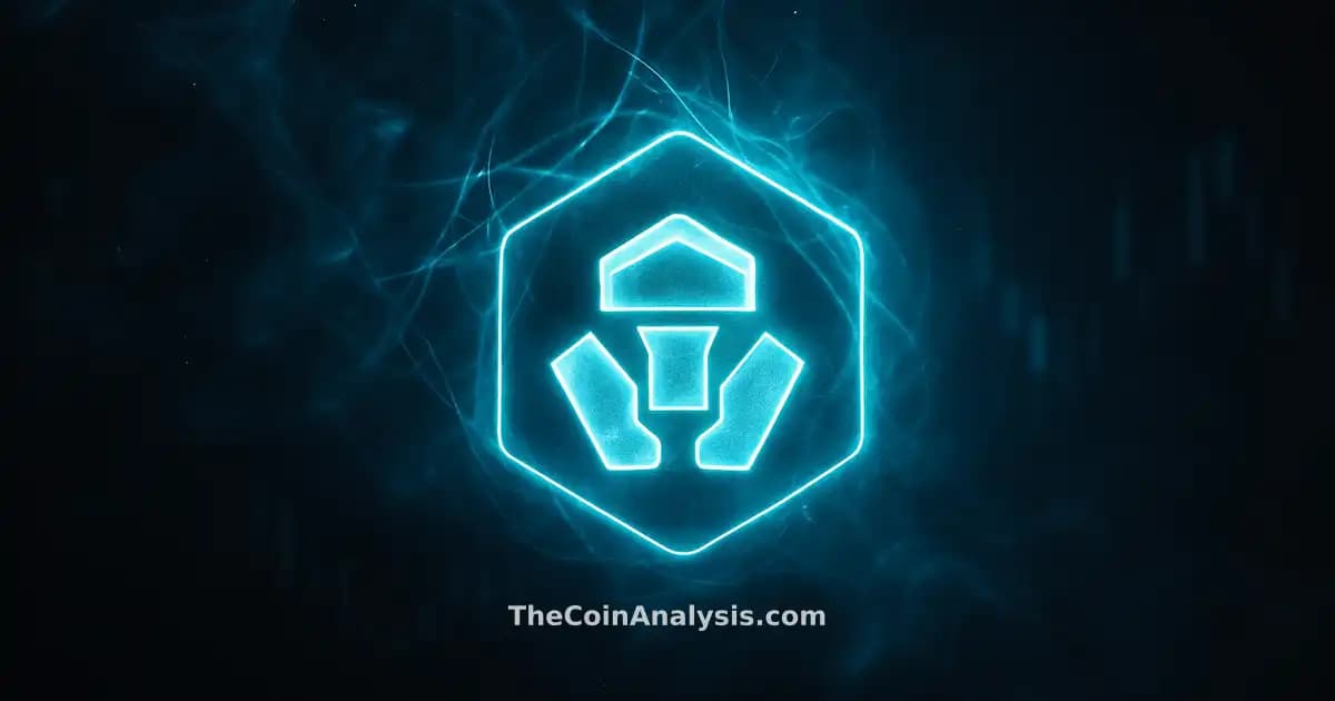 Luminous abstract Cronos token emblem with glowing network filaments and shadowy market candles in deep navy and teal.