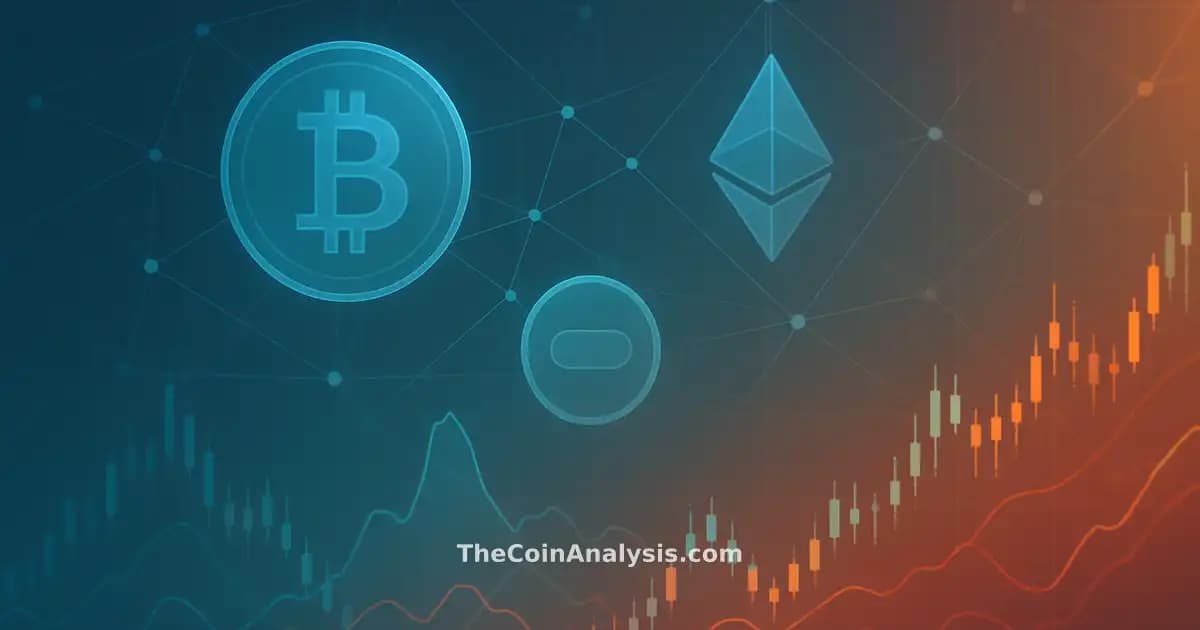 Illustration numérique de pièces Bitcoin et lignes de réseau sur fond dégradé avec graphiques boursiers dynamiques.