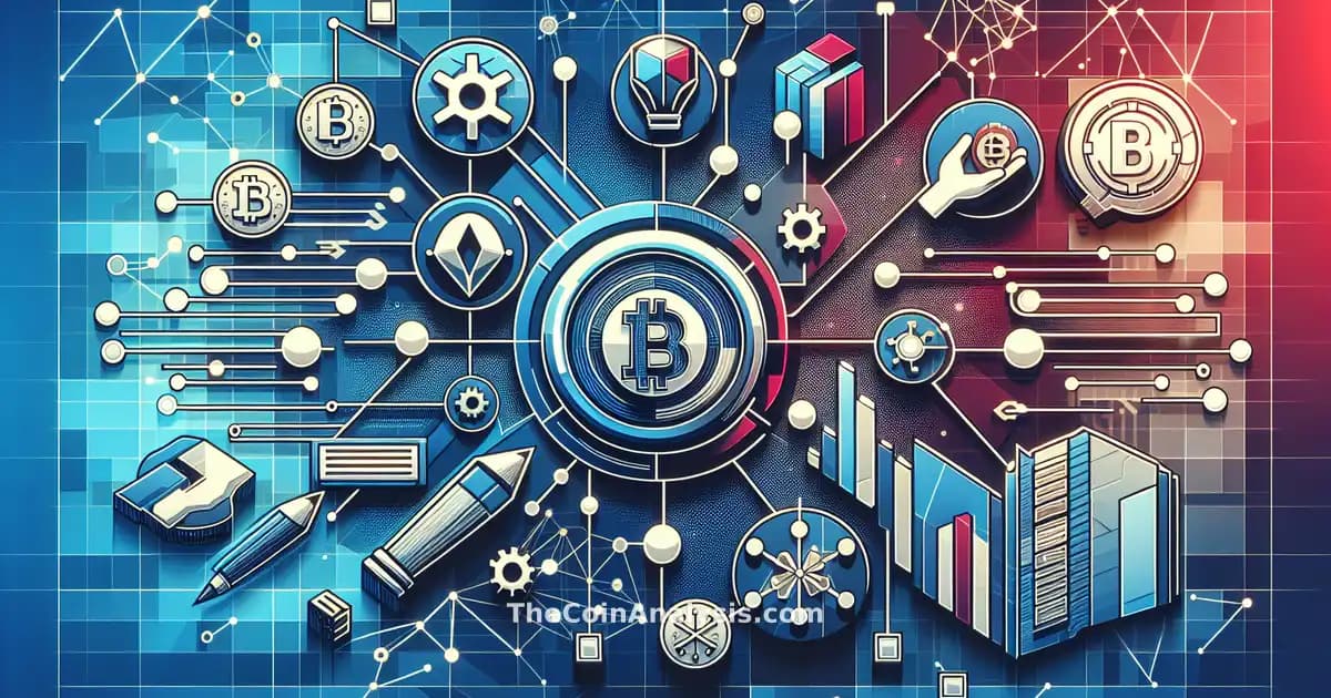 Graphique dynamique montrant symboles cryptos abstraits, réseaux digitaux enchevêtrés et lumière rouge d'urgence.
