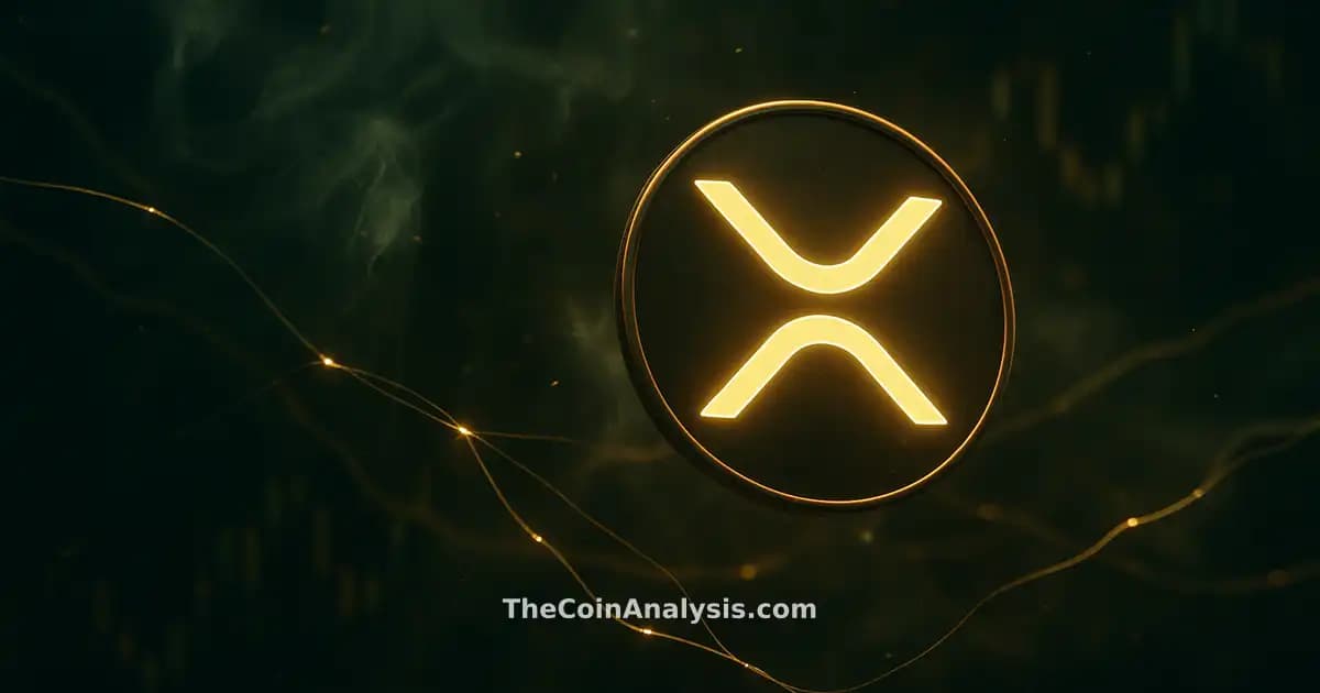 Glyph XRP lumineux flottant au premier plan, filaments dorés connectés, bougies de marché abstraites en arrière-plan.
