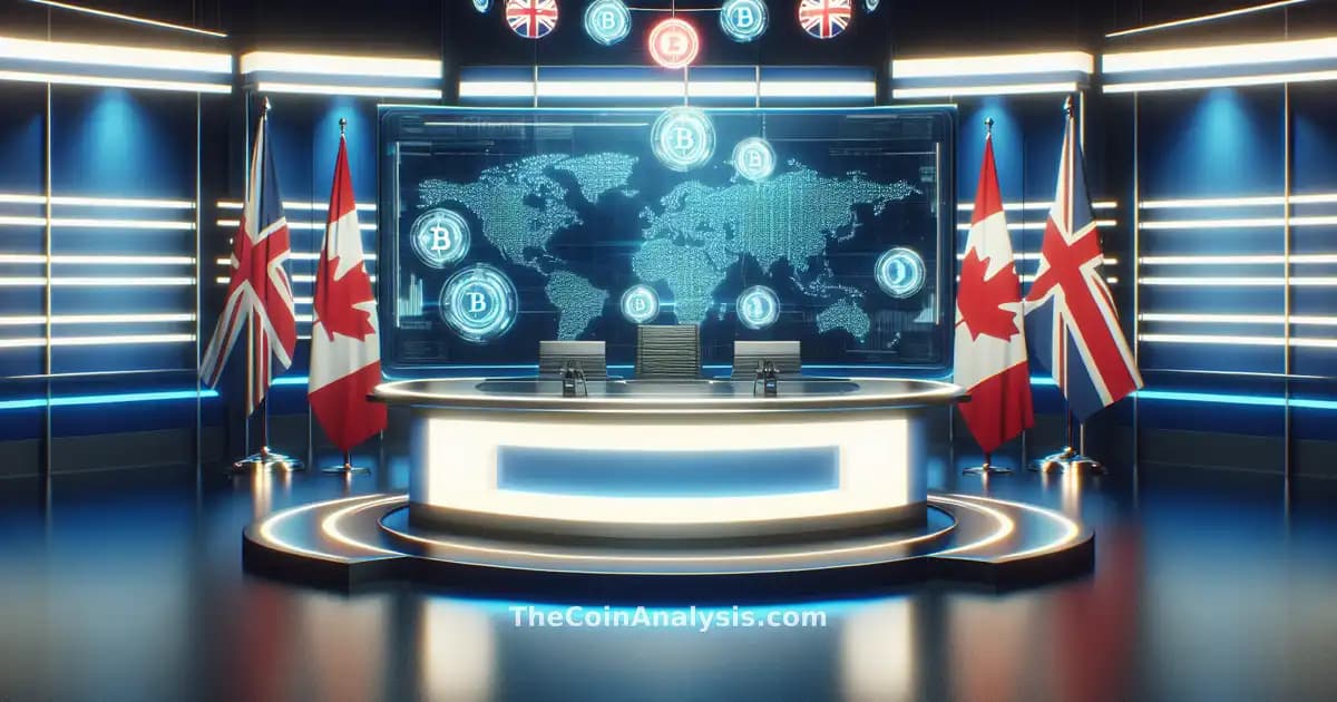 Studio d’actualités avec carte du monde digitale, drapeaux canadien et britannique, symboles cryptos lumineux.
