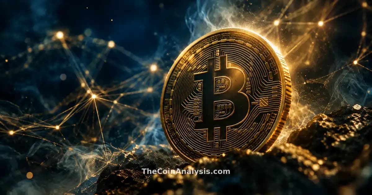 Pièce de Bitcoin stylisée aux reflets dorés, filaments lumineux et fumée sur fond bleu marine abstrait.