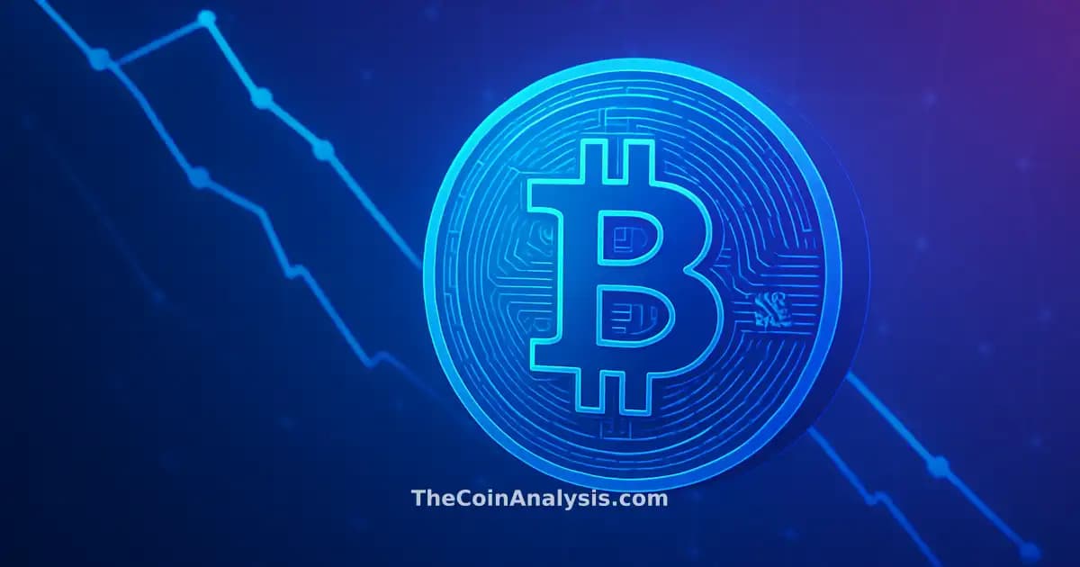 Illustration numérique d'une pièce Bitcoin avec des courbes de baisse et un réseau digital sur fond dégradé bleu violet.