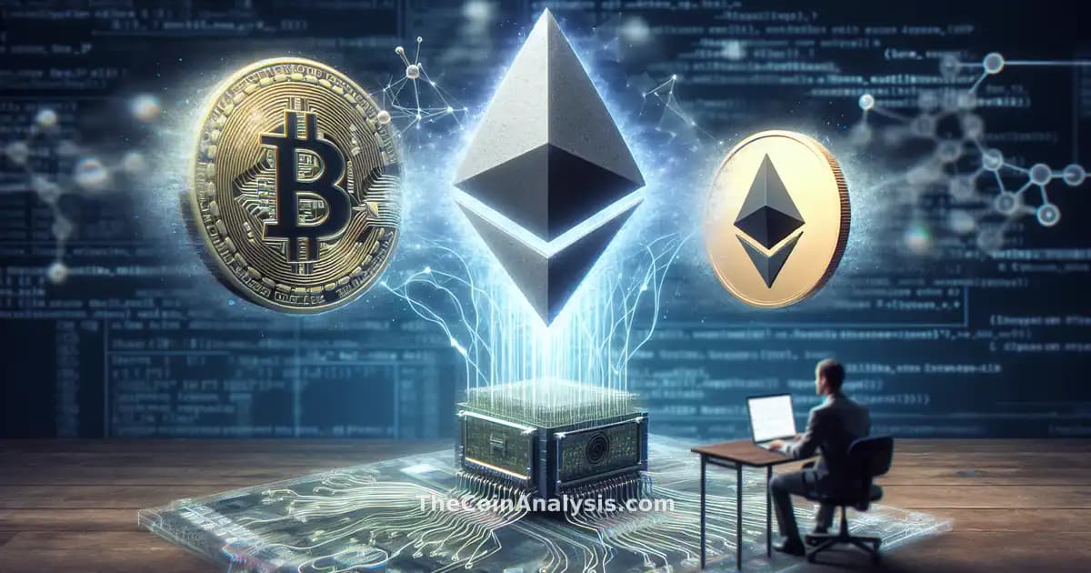 Symboles Bitcoin et Ethereum en avant-plan sous l’ombre menaçante d’un ordinateur quantique abstrait.