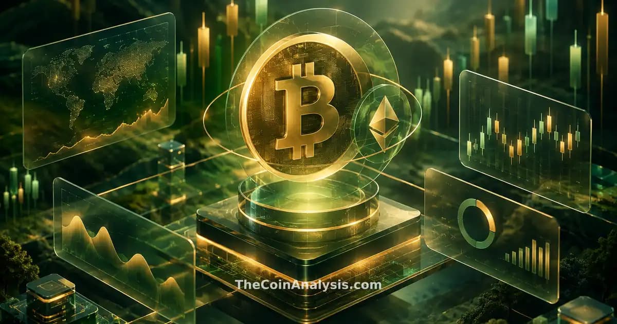 Illustration isométrique d'un symbole Bitcoin holographique flottant, entouré de panneaux en verre givré et graphiques lumineux.