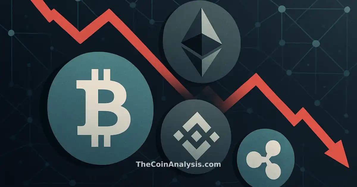 Illustration abstraite de pièces crypto, graphique en baisse et nœuds digitaux interconnectés sur fond sombre.