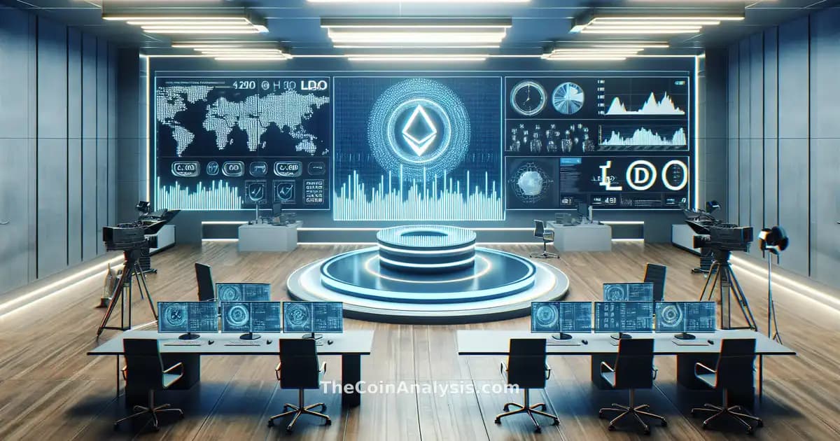 Studio de news avec graphiques numériques en baisse et pièce LDO flottant au premier plan, ambiance urgente.