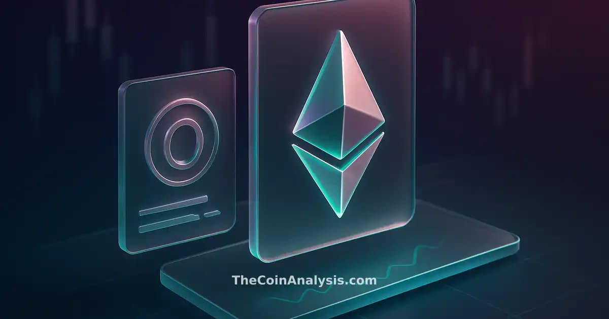 Illustration isométrique futuriste avec symbole Ethereum stylisé, panneaux holographiques flottants et graphiques de marché.