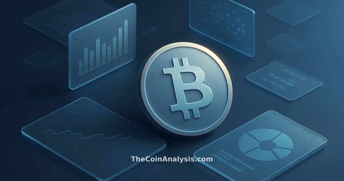 Illustration isométrique d’une pièce Bitcoin stylisée en verre givré flottant sur fond bleu nuit avec reflets glacés.