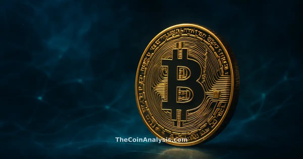 Pièce Bitcoin dorée lumineuse sur fond bleu nuit avec filaments lumineux et particules de fumée abstraites.