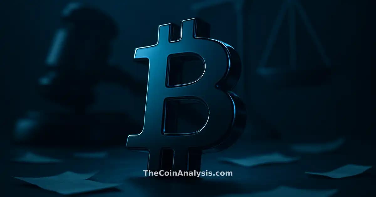 Symbole Bitcoin 3D brillant sous lumière dramatique, silhouette de marteau et balances de justice floues en arrière-plan.
