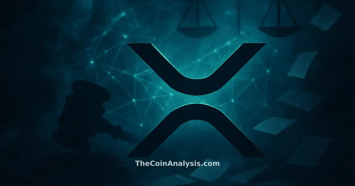 Symbole XRP stylisé lumineux avec balance de justice et gavel en arrière-plan, documents fragmentés flottants.
