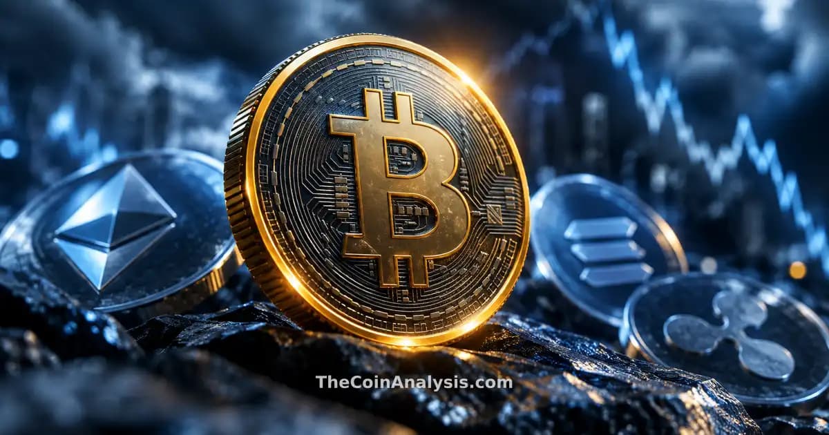 Pièce Bitcoin stylisée avec liseré doré sur fond sombre bleu ardoise, éclairage dramatique et flou artistique.