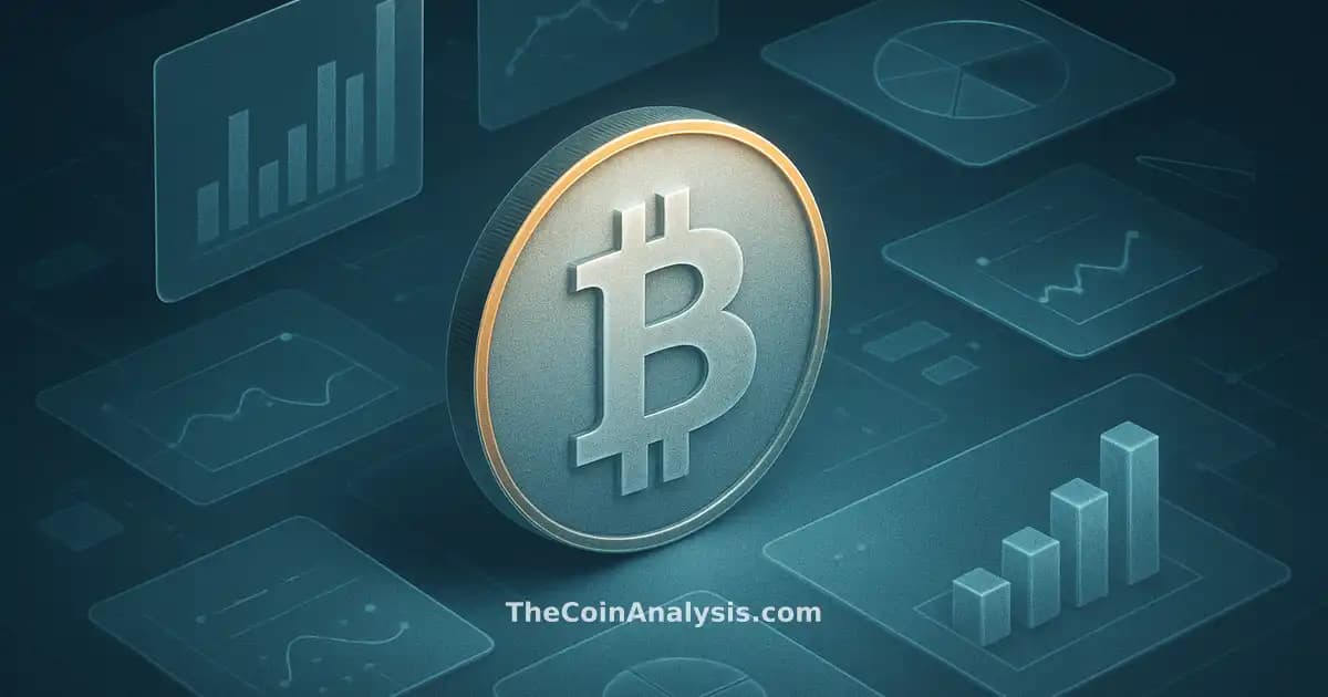 Illustration isométrique d’une pièce Bitcoin stylisée flottant au centre de panneaux vitrifiés holographiques.