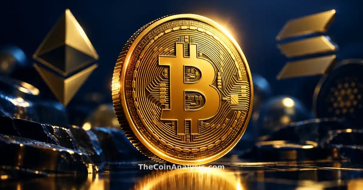 Pièce Bitcoin dorée brillante en 3D avec éclairage dramatique sur fond bleu marine et motifs crypto flous.