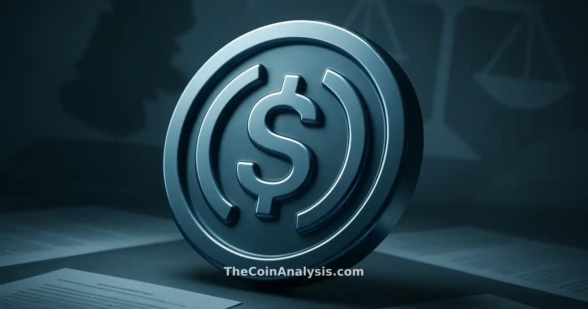 Symbole 3D brillant de l’USD Coin en avant-plan, marteau et balance de justice stylisés en arrière-plan flou.