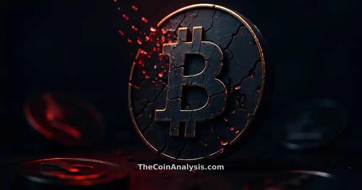 Pièce Bitcoin stylisée fissurée, éclats digitaux s'échappant, éclairage doré sur fond bleu marine sombre.
