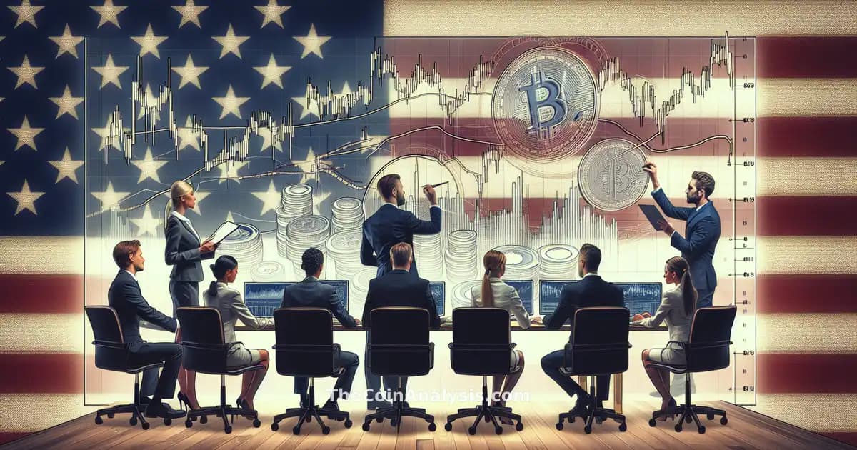 Professionnels divers analysant des graphiques numériques futuristes avec Bitcoin et drapeau américain en arrière-plan.