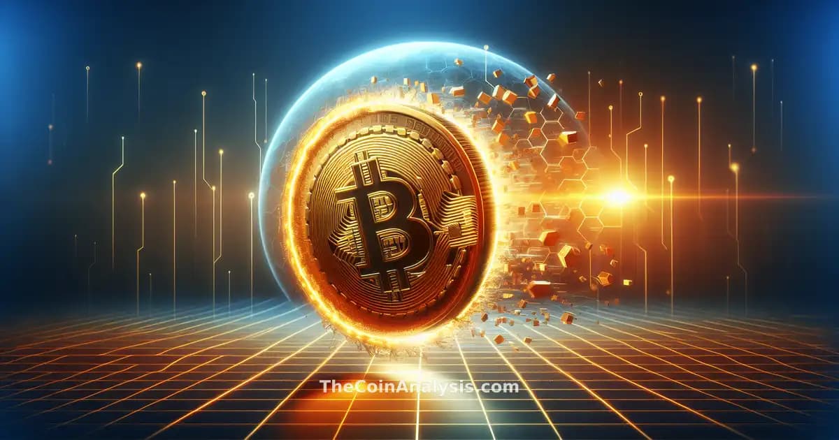 Bitcoin doré fissuré sous une puce quantique lumineuse sur fond dégradé technologique futuriste.