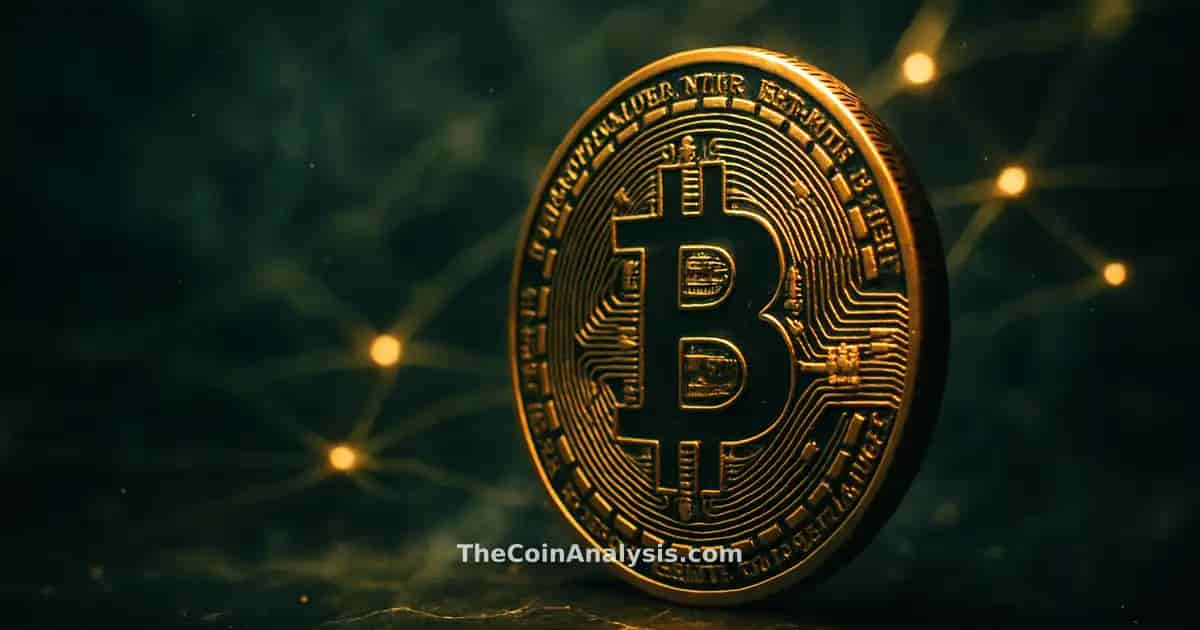 Pièce Bitcoin stylisée lumineuse sur fond bleu marine, filaments dorés et particules de fumée en ambiance cinématographique.