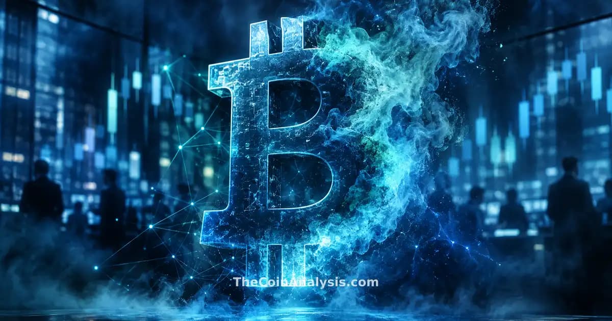 Symbole Bitcoin lumineux se dissolvant en fumée devant un sol de trading abstrait avec graphiques fantomatiques.