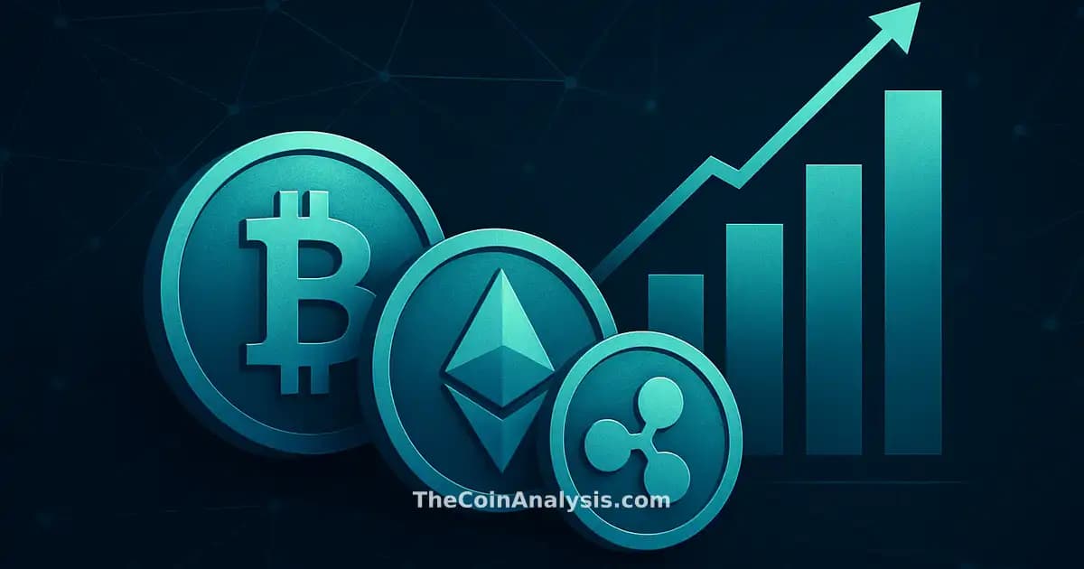 Illustration numérique de pièces de crypto, graphiques en hausse et réseaux géométriques sur fond sombre professionnel.