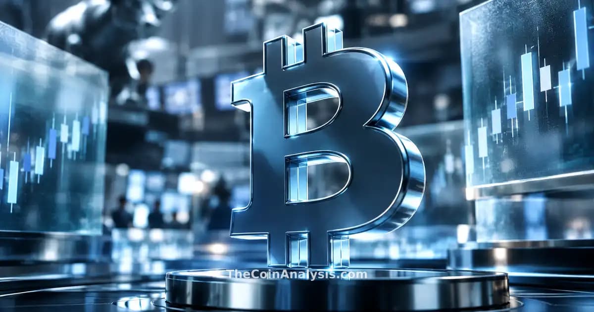 Symbole Bitcoin 3D brillant en gros plan, éclairage dramatique, fonds boursiers abstraits flous gris-bleu.