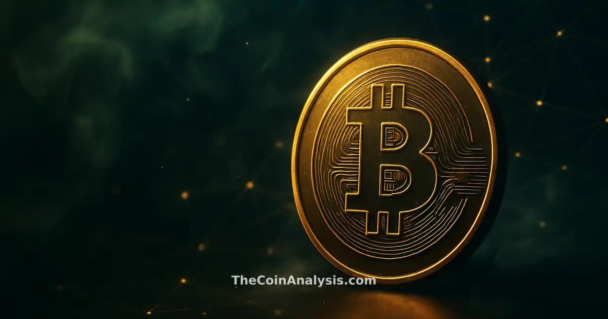 Pièce Bitcoin stylisée dorée, effet lumineux et fumée sur fond bleu marine avec filaments de réseau brillants.