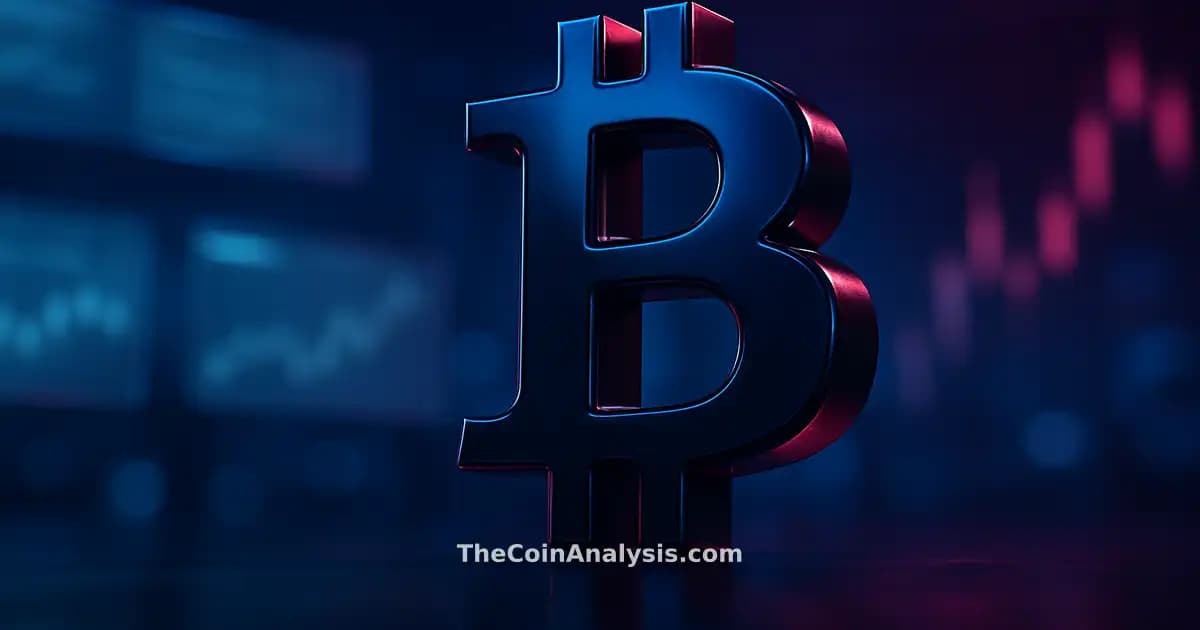 Symbole Bitcoin 3D brillant en gros plan, éclairage dramatique, fond abstrait de salle de marché et graphiques boursiers flous