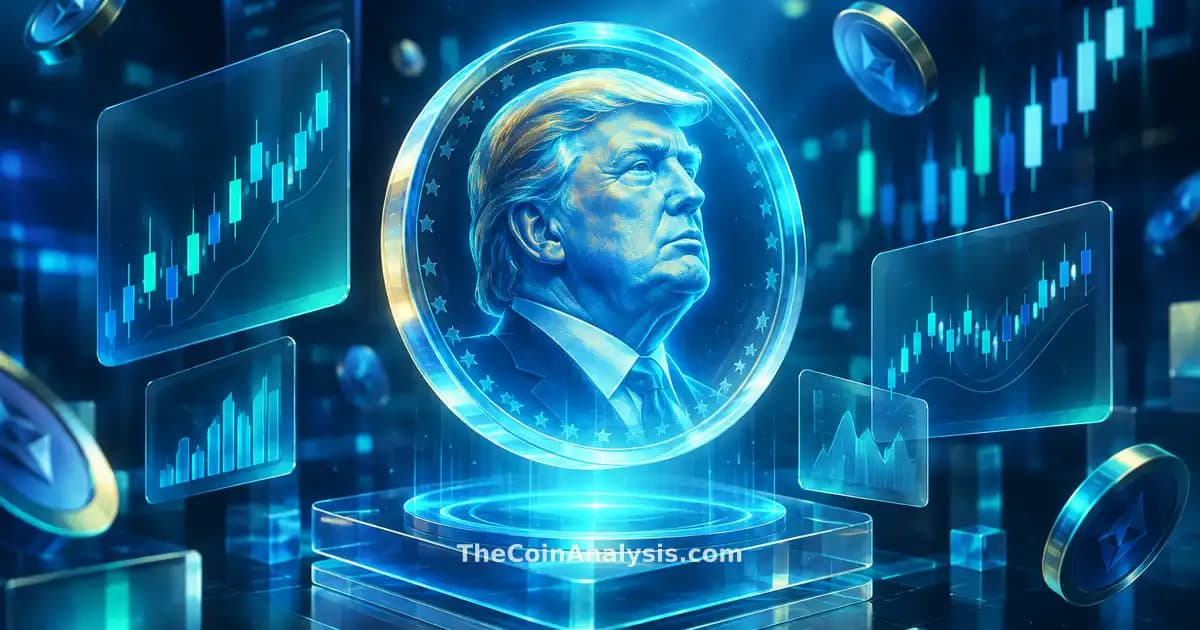 Glyphe TRUMP memecoin holographique semi-transparent entouré de graphiques en chandelier flottants sur fond bleu électrique.