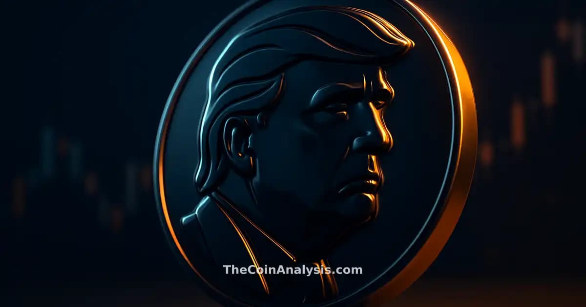 Glyphe 3D brillant de memecoin TRUMP en lumière dramatique, fond de chandeliers boursiers flous et sombre.