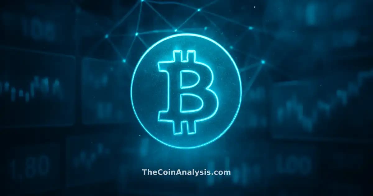Symbole Bitcoin lumineux entouré de tickers en verre givré et silhouettes abstraites de chandeliers boursiers.