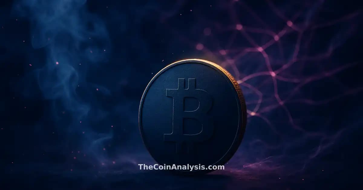 Pièce Bitcoin stylisée avec liseré doré, filaments lumineux et fumée sur fond bleu nuit profond.