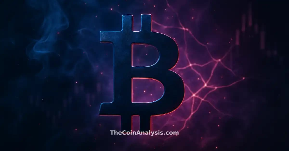 Stylized Bitcoin symbol glowing amid smoke and light particles with abstract market candle silhouettes behind.