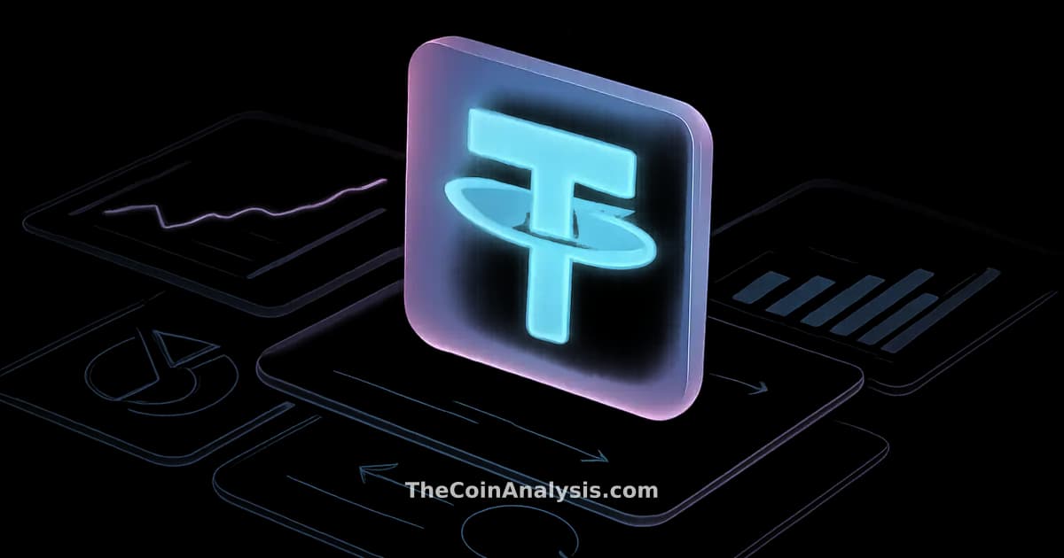 Isometric digital illustration of a glowing semi-transparent Tether token surrounded by holographic payment flows and market candles