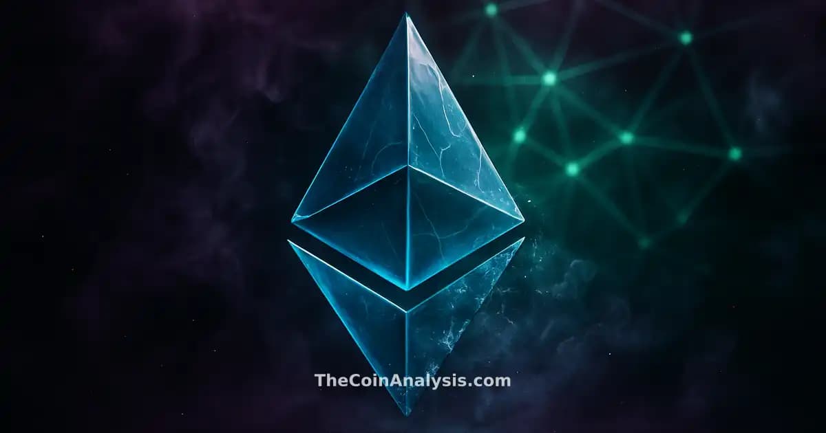 Stylized ether-blue glass Ethereum diamond glyph, fractured and dissolving, set against glowing network filaments.