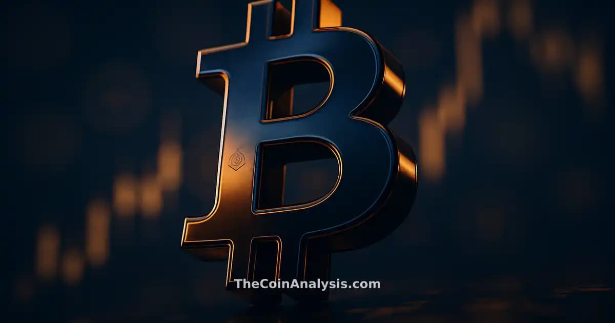 3D glossy Bitcoin symbol illuminated by sharp rim light with blurred market candlesticks in deep navy and amber tones