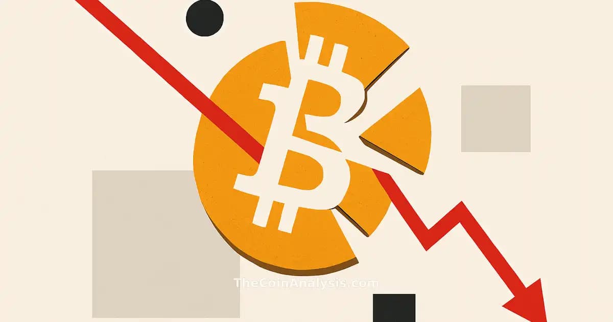 Fragmentation abstraite d'une pièce Bitcoin avec une courbe rouge descendant sur fond neutre minimaliste.