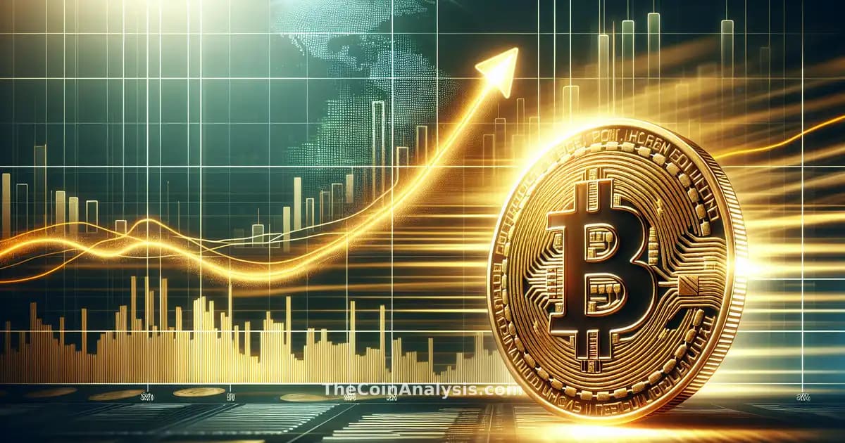 Pièce Bitcoin dorée numérique montant au-dessus de graphiques financiers avec lignes de momentum s’estompant.